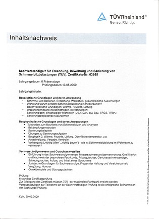 TÃœV-Rheinland Zertifikat Schimmelpilz-SachverstÃ¤ndiger Schenk | SachverstÃ¤ndige/r fÃ¼r Erkennung, Bewertung und Sanierung von Schimmelpilzbelastungen (TÃœV), Zertifikats-Nr. 63865 