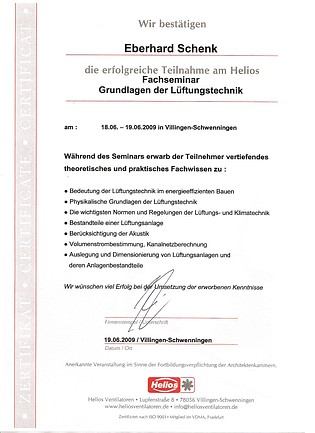 Zertifikat Grundlagen LÃ¼ftungstechnik (Fa. Helios)