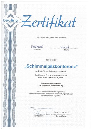 Zertifikat Ã¼ber Teilnahme an der Schimmelpilzkonferenz am 21.03.2013 in Berlin