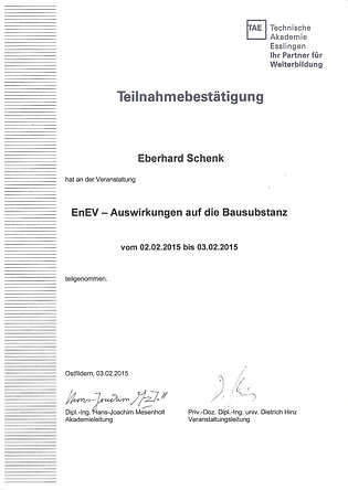 Seminar "EnEV - Auswirkungen auf die Bausubstanz": Teilnahmebestätigung Eberhard Schenk